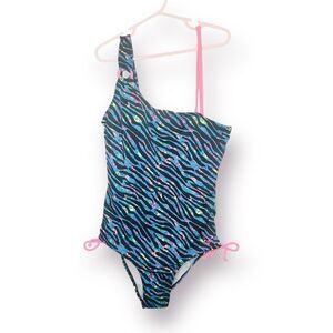 Justice Blue Pink One Piece Swimwear Zebra Animal Print 80s inspired 12